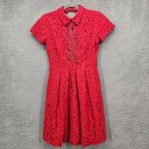 Carven Red Lace‎ Collared Mini Dress Keyhole Back Short Sleeve Sz 34 570R15